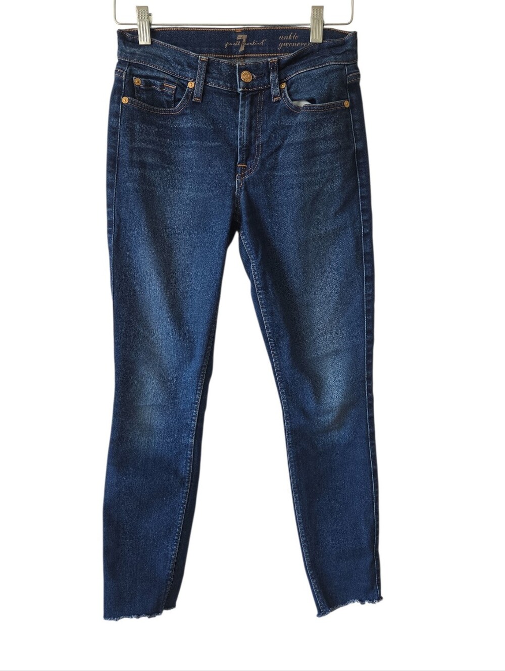7 For All Mankind Women's Medium Dark Blue Ankle Gwenevere Raw Hem Jeans Sz 26